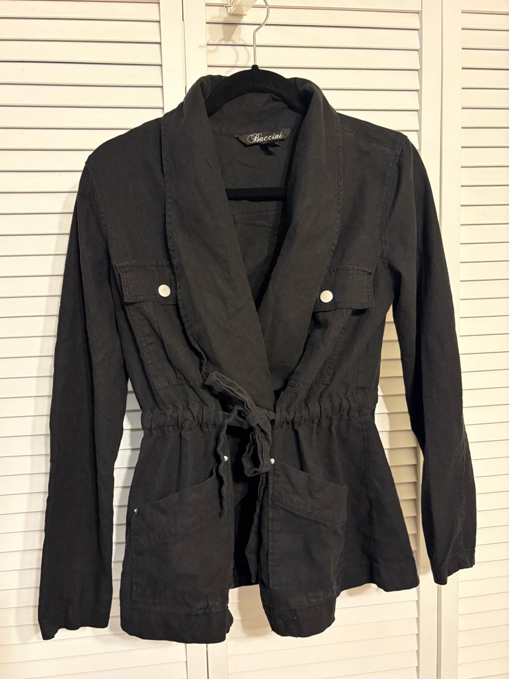 Baccini Black Linen Utility Drawstring Waist Jacket
